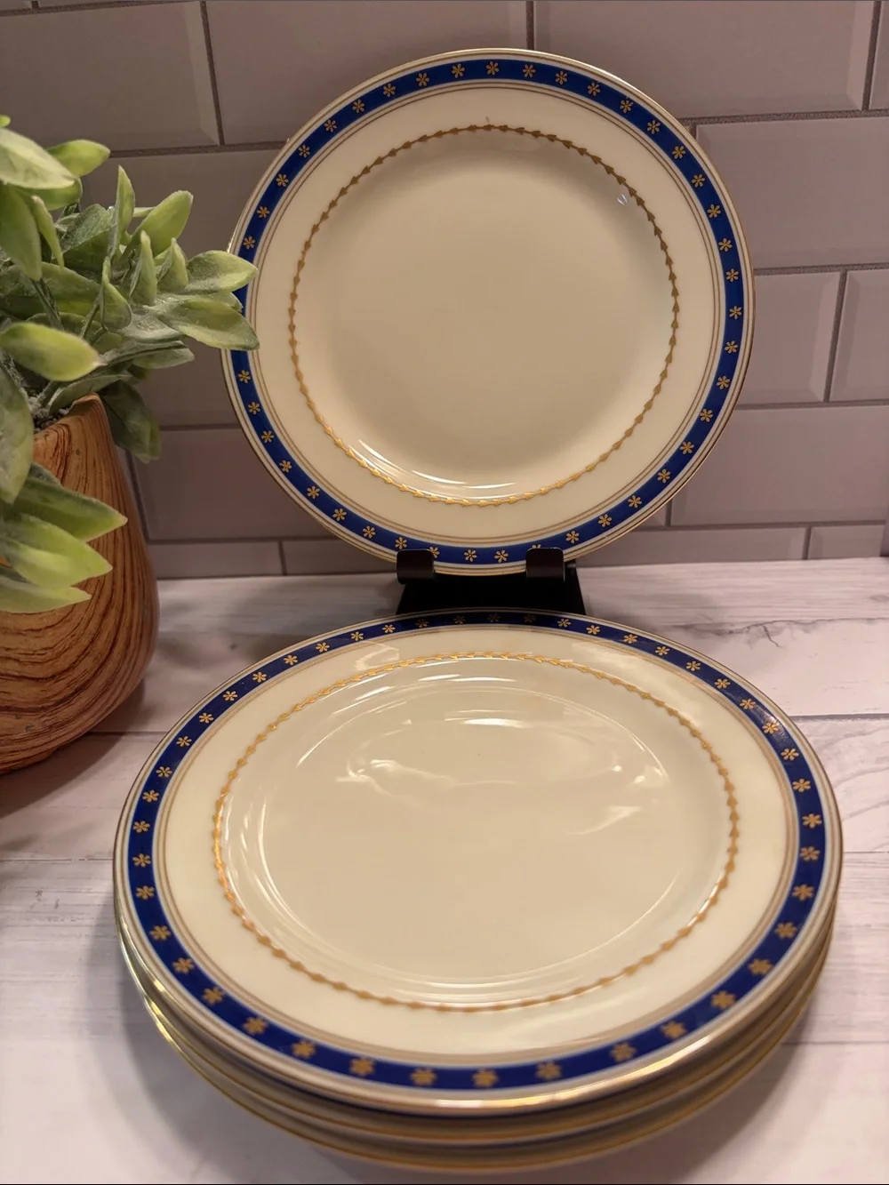 Vintage ivory  Dessert Plates with Blue and Gold Border - Elegant Set